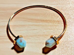 Bangle Bracelet Aqua Blue Healing Stone Cuff Adjustable Unisex Gold Tone Trendy